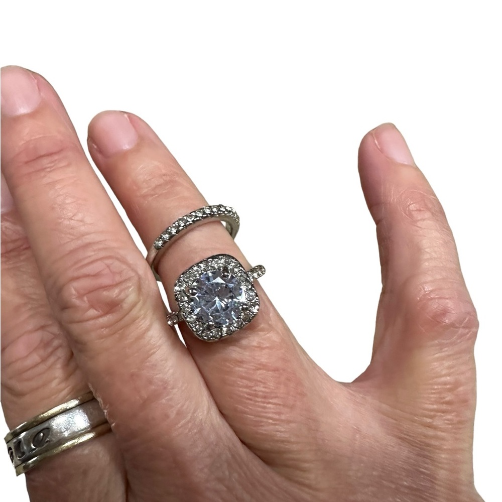 2 Piece Silver Diamond Solitaire Ring Set - image 3